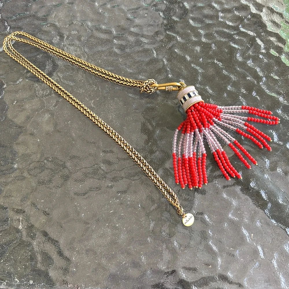 ✨STELLA & DOT Pink & Red Beaded Retired “Brio” Tassle Statement Necklace - Picture 3 of 7
